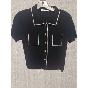 Yoo  Short-Sleeve Button-Up blouse With White Trim  size small blk/wht
